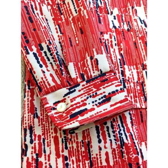 1970s Red White & Blue Abstract Print Dagger Collar Shaket w/Patch Pockets, Sz M - Picture 4 of 10